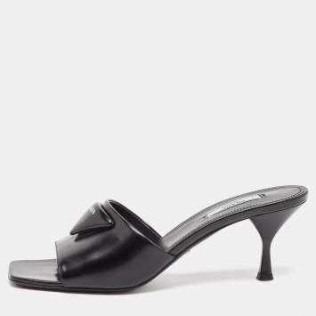 Pre Owned Prada Black Leather Bow  Slides Sandals Size 39.5
