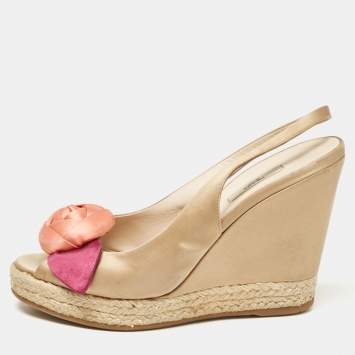 Prada Gold Beige Satin Embellished Slingback Wedge Sandals  Size 37