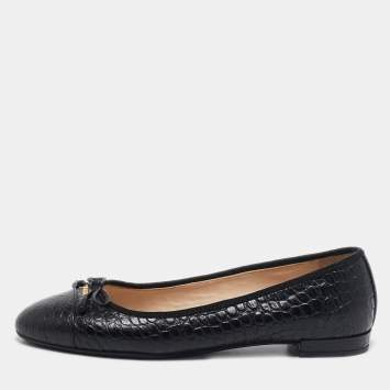 Pre Owned Prada Black Croc Embossed Leather Bow Ballet Flats Size 36.5