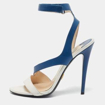 Pre Owned Prada Blue/White Leather Ankle Strap Sandals Size 39.5