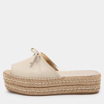 Pre Owned Prada Light Beige Leather Platform Sandals Size 38