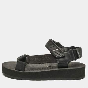 Prada Black Leather and Canvas Tape Strap Flat Sandals Size 38