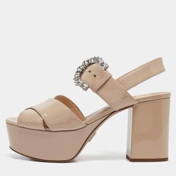 Pre Owned Prada Beige Patent Leather Crystal Buckle Ankle Strap Sandals Size 36