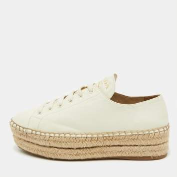 Pre Owned Prada White Leather Platform Espadrille Lace Up Sneakers Size 38