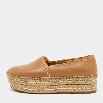 Pre Owned Prada Beige Leather Platform Espadrille Flats Size 37.5