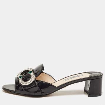Pre Owned Prada Black Patent Leather Crystal Embellished Slide Sandals Size 38.5