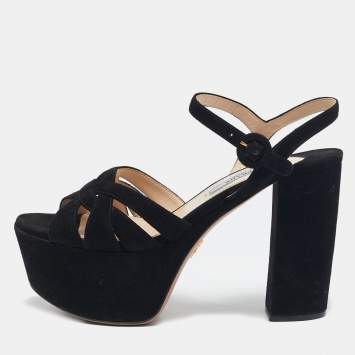 Pre Owned Prada Black Suede Ankle Strap Platform Sandals Size 36.5