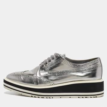 Pre Owned Prada Silver Leather Brogues Oxford Sneakers Size 39