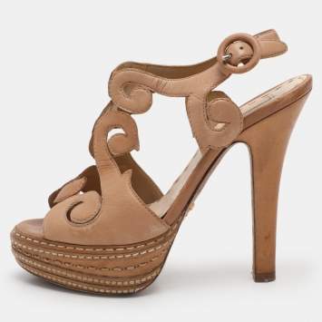 Prada Light Brown Leather Cut Out Platform Ankle Strap Sandals Size 36