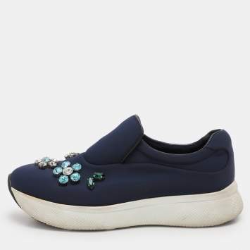Pre Owned Prada Blue Nylon Catch Me If You Can Crystal Embellished Slip On Sneakers Size 35.5