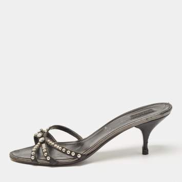 Prada Metallic Leather Crystal Embellished Slide Sandals Size 39.5