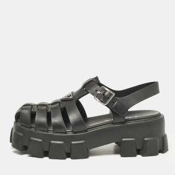 Pre Owned Prada Black Rubber Monolith Ankle Strap Sandals Size 39