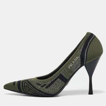 Pre Owned Prada Green/Black Printed Knit Fabric Pointed Toe Pumps Size 39