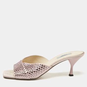 Pre Owned Prada Pink Satin Crystal Embellished Slide Sandals Size 40