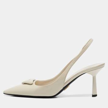 Pre Owned Prada Cream Patent Leather Logo Pointed Toe Slingback Pumps Size 36