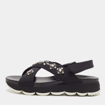 Pre Owned Prada Black Neoprene Crystal Embellished Flat Sandals Size 40