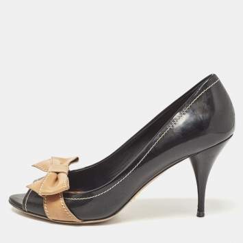 Prada Black/Brown Patent and Leather Bow Peep Toe Pumps Size 40.5