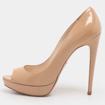 Pre Owned Prada Nude Patent Leather Peep Toe Pumps Size Size 37.5