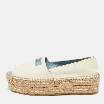 Prada Cream Leather Open Toe Platform Espadrilles Size 36.5