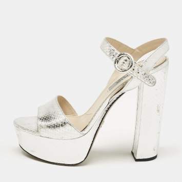 Pre Owned Prada Silver Python Embossed Leather Platform Ankle Strap Sandals Size 39