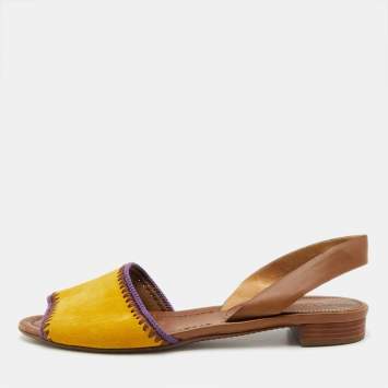 Pre Owned Prada Yellow/Brown Suede and Leather Flat Slingback Sandals Size 37.5