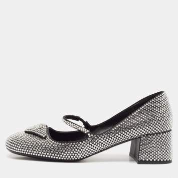 Pre Owned Prada Silver Crystals and Satin Mary Jane Pumps Size 39.5