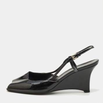 Pre Owned Prada Black Patent Leather Wedge Slingback Sandals Size 37.5
