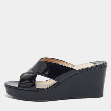 Prada Black Patent Leather Criss Cross Wedge Platform Slide Sandals Size 41