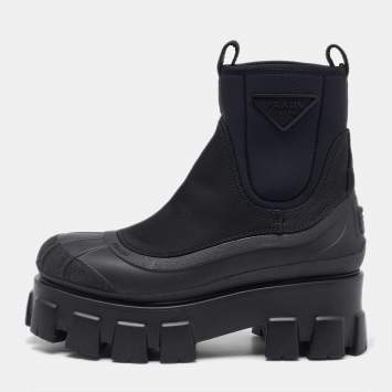 Pre Owned Prada Black Neoprene and Rubber Monolith Ankle Length Boots Size 36.5