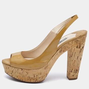 Pre Owned Prada Beige Patent Leather Open Toe Cork Platform Slingback Sandals Size 36.5