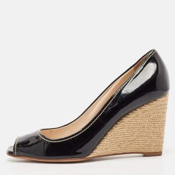 Pre Owned Prada Black Patent Open Toe Espadrille Wedge Pumps Size 39.5