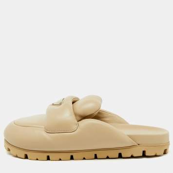 Prada Beige Leather Triangle Logo Soft Padded Mules Size 38.5