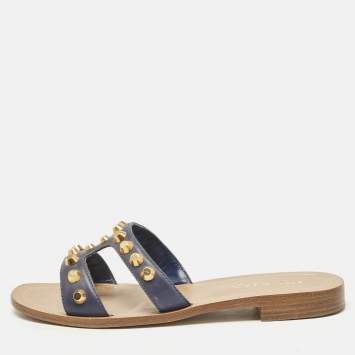 Prada Navy Blue Leather Studded Flat Slides Size 35.5  