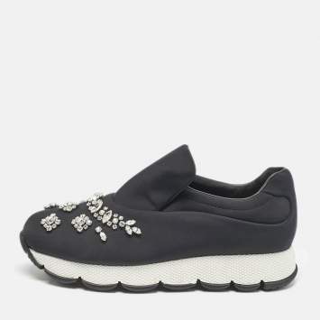 Prada Black Nylon Crystal Embellished Slip On Sneakers Size 38.5