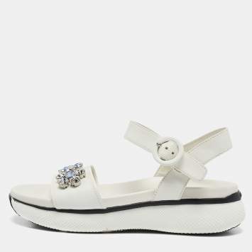 Pre Owned Prada White Leather Stud Embellished Ankle Strap Flat Sandal Size 37