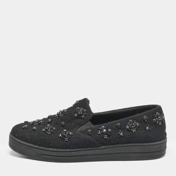 Prada Black Felt Crystal Embellished Slip On Sneakers Size 39