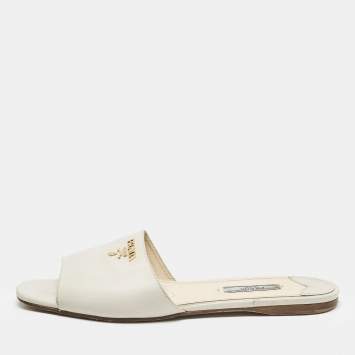 Pre Owned Prada Grey Saffiano Leather Flat Slides Size 39.5