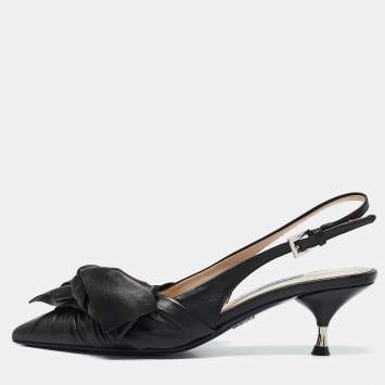Prada Black Pleated Leather Slingback Pumps Size 35.5