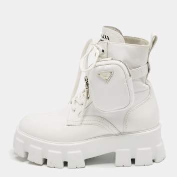Pre Owned Prada White Leather and Nylon Monolith Combat Boots Size 38.5