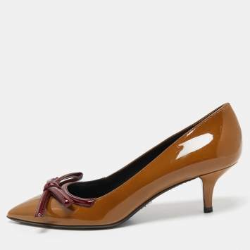 Pre Owned Prada Brown/Burgundy Patent Leather Bow Pointed Toe Pumps Size 38.5