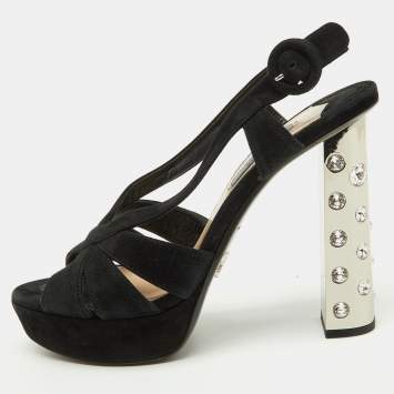 Prada Black Suede Crystal Embellished Heel Platform Sandals Size 38
