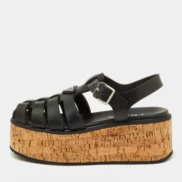 Pre Owned Prada Black Rubber Monolith Cage Cork Platform Sandals Size 39