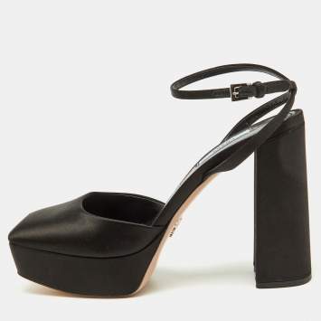 Prada Black Satin Square Toe Platform Ankle Strap Sandals Size 38.5