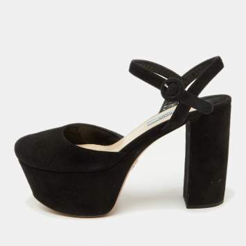 Prada Black Suede Round Toe Platform Ankle Strap Sandals Size 38.5