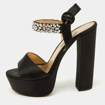 Prada Black Satin Crystal Embellished Ankle Strap Platform Sandals Size 38