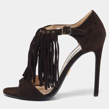 Pre Owned Prada Dark Brown Suede Fringe T-Strap Sandals Size 39.5