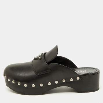 Prada Black Leather Triangle Logo Studded Platform Clogs Size 38