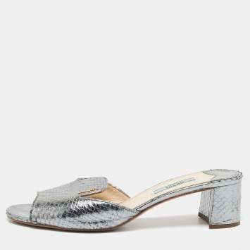 Pre Owned Prada Silver Snakeskin Embossed Leather Slide Sandals Size 39
