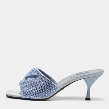 Pre Owned Prada Light Blue Satin Crystal Embellished Slide Sandals Size 39