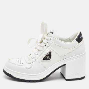 Prada White Leather Downtown High Heel Lace Up Pump Sneakers Size 39